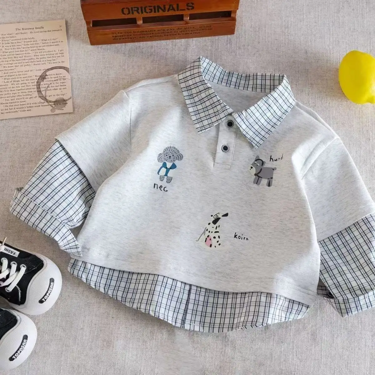 

Children's Collar Hoodie Spring and Autumn 2026 New Boys' Fake Two piece Top Baby Cartoon Casual Long sleeved Shirt 80-130CM