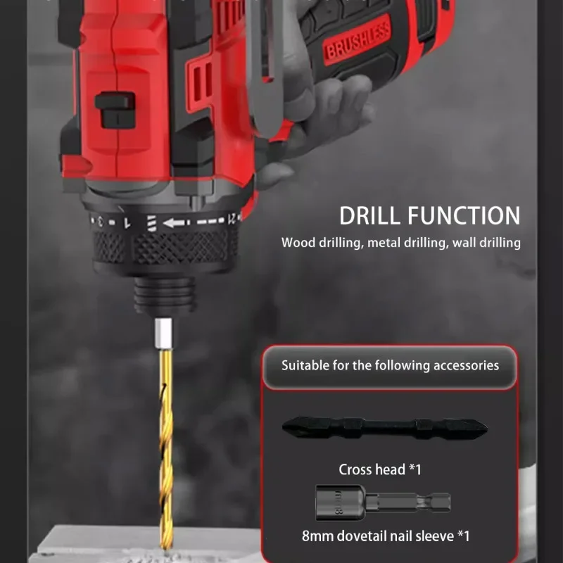 Brushless Electric Drill Cordless Percussion Screwdriver Lithium Ion Battery Household Portable Handheld Power Tool