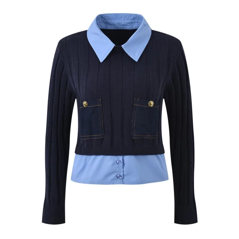 

Shirt collar fake 2 tops 2024 autumn navy blue knitwear