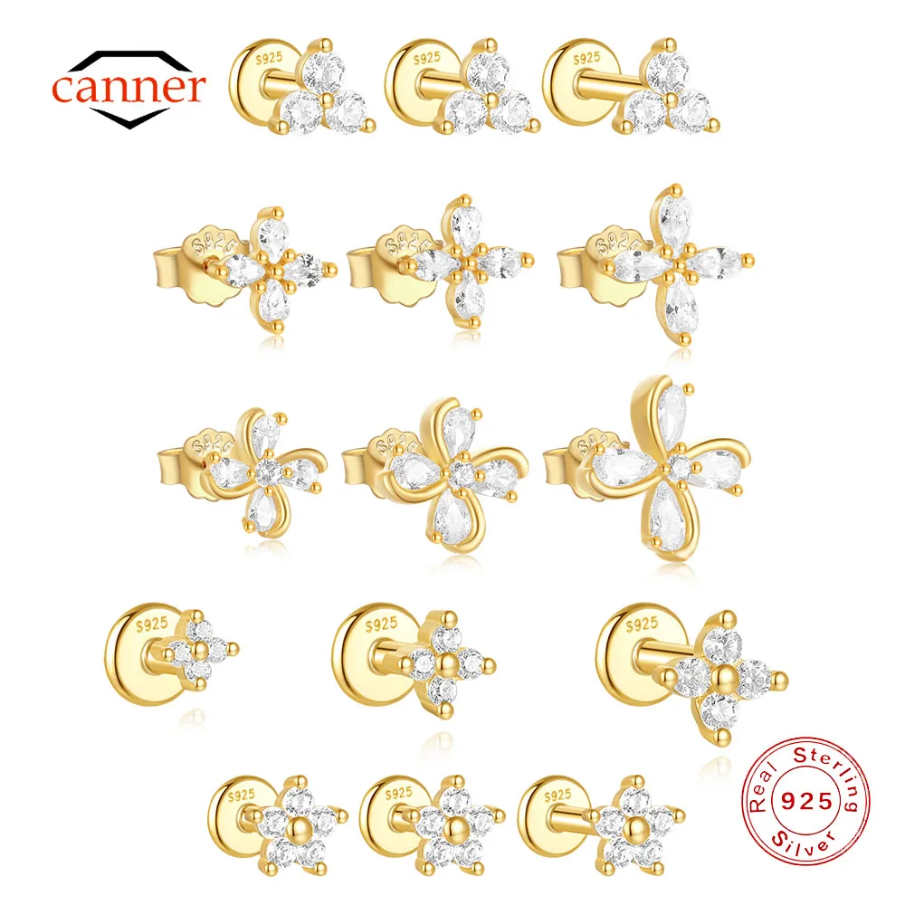 

CANNER 1 Set Waterdrop Zircon Flower Stud Earring For Women 925 Sterling Silver Four Leaf Clover Puncture Threaded Earrings Gift