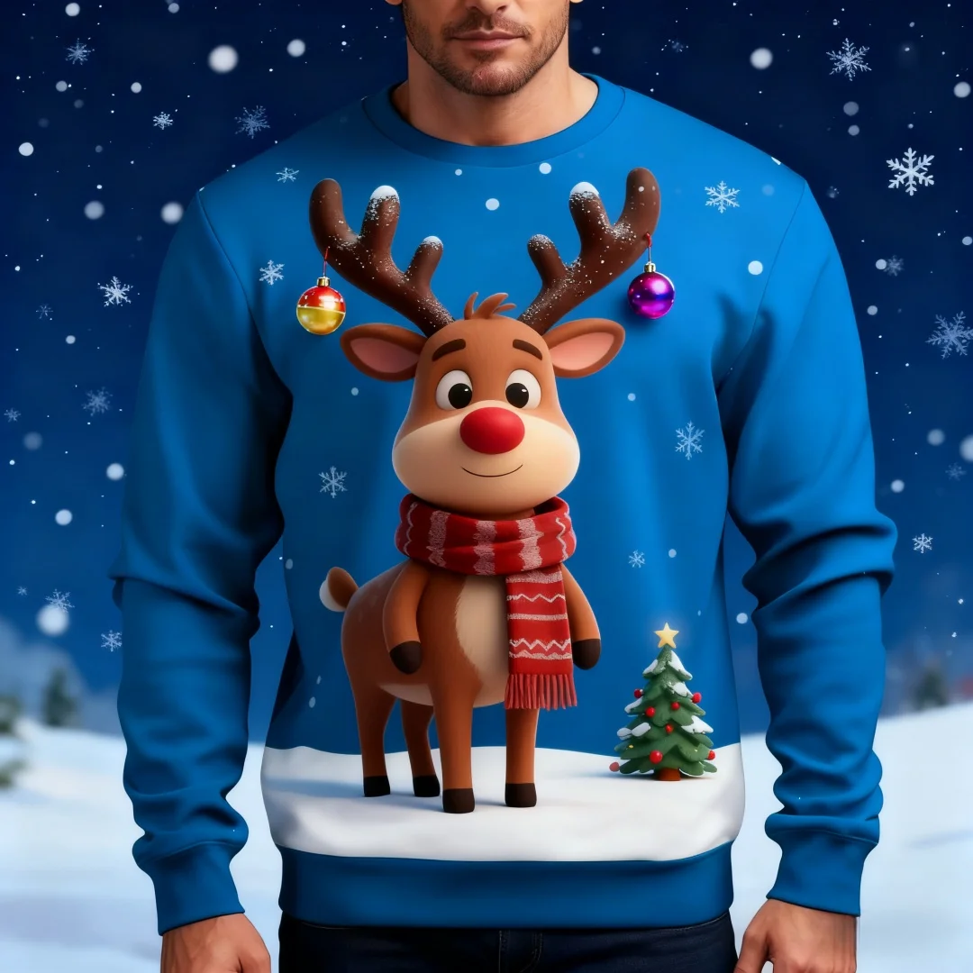 

Merry Christmas Print Hoodie for Men Cute Deer 3D Printed Sweatshirt Autumn Long Sleeve Tops Loose Pullovers Crew Neck Hoodies