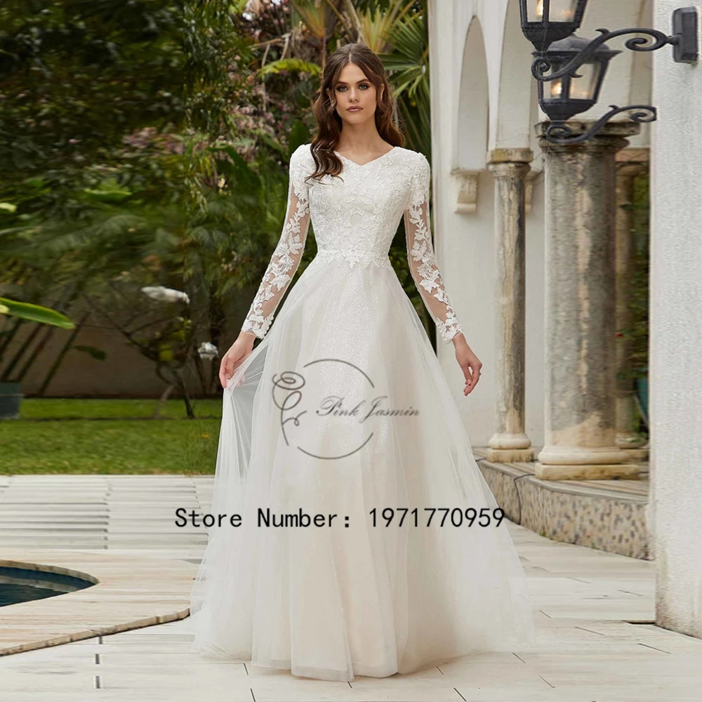 

Gorgeous Wedding Dress For Women V Neck Full Sleeves Applique Bride Gown Button Back Sweep Train vestidos de novia 2024 New