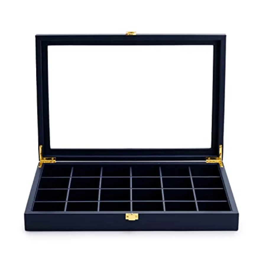

Премиальный синий кожаный 24-сеточный лоток для ювелирных изделий с прозрачной крышкой, серьги, кольца, органайзер, штабелируемая шкатулка для драгоценностей, вставка для ящика