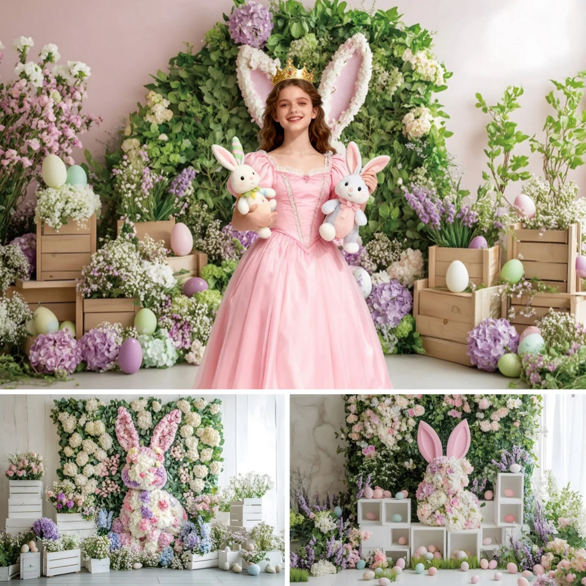 Happy Easter Photography Background Cute Bunny Big Flower Rabbit Wall Eggs Baby Shower Kids Girls Spring Portrait Photo Backdrop