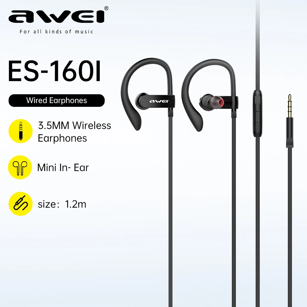 

Awei ES-180i 3.5mm In-Ear Wired Headphones With Mic Control Gaming Earbuds Sports Headset Earhook Wired Earphones For Cellphone