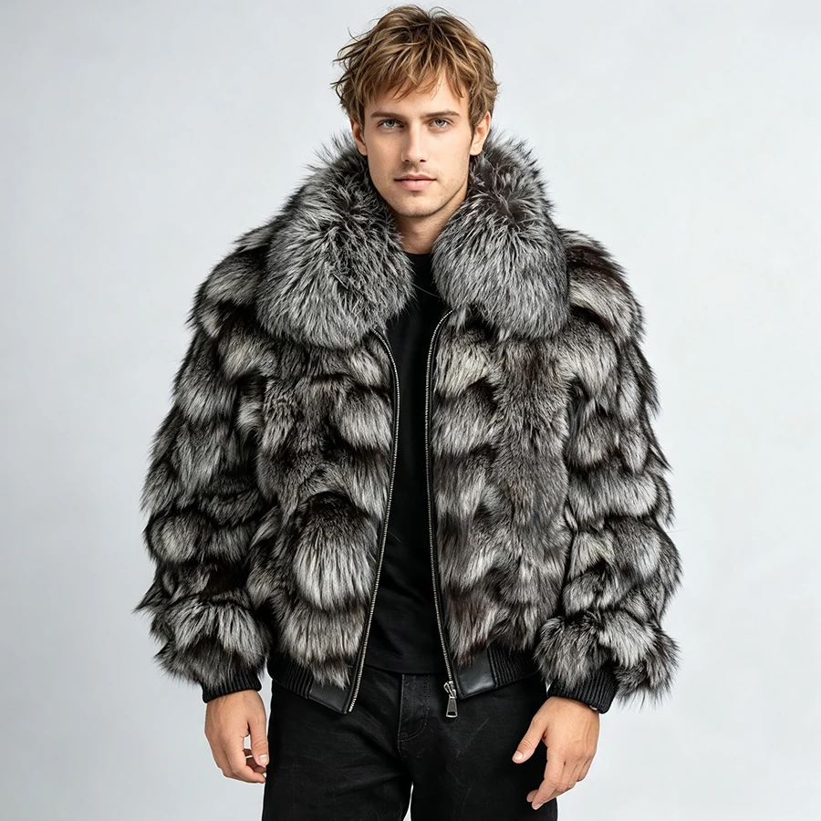 Real Silver Fox Fur Jacket With Lapel Men's Fur Zippered Bomber Jacket Cropped Fox Fur Jacket High Quality Natural Fur Jacket