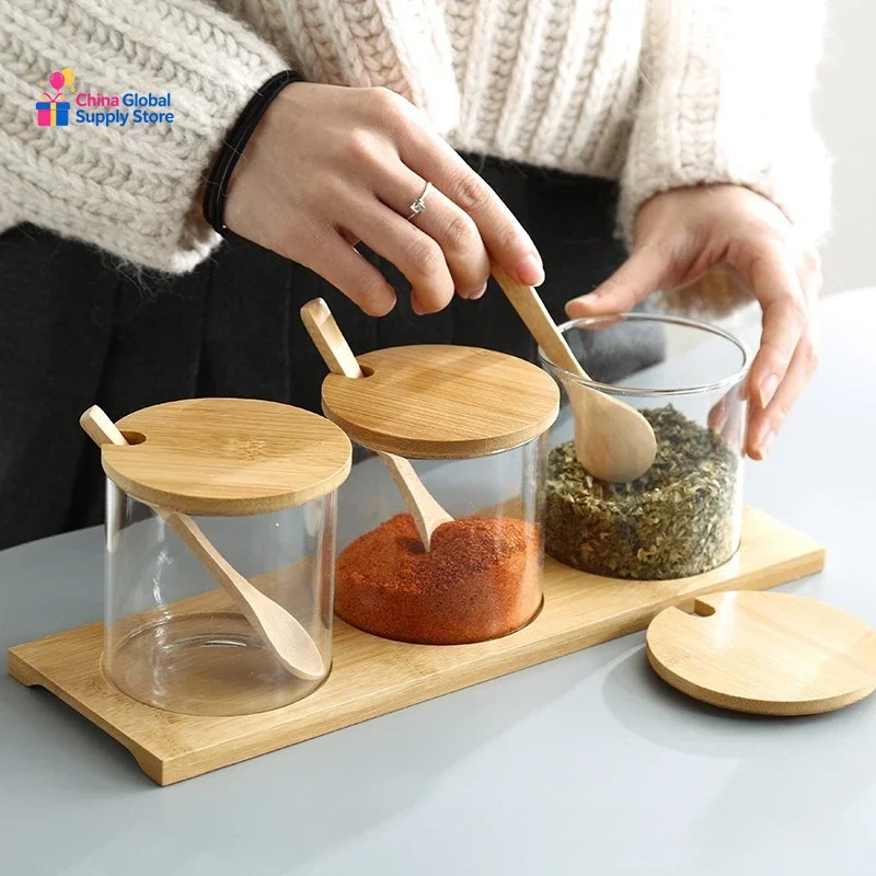 3Pcs Condiment Jars Set Clear Glass Bamboo Lid Spice Jar with Spoon Kitchen Sugar Salt Spices Storage Box Household Container