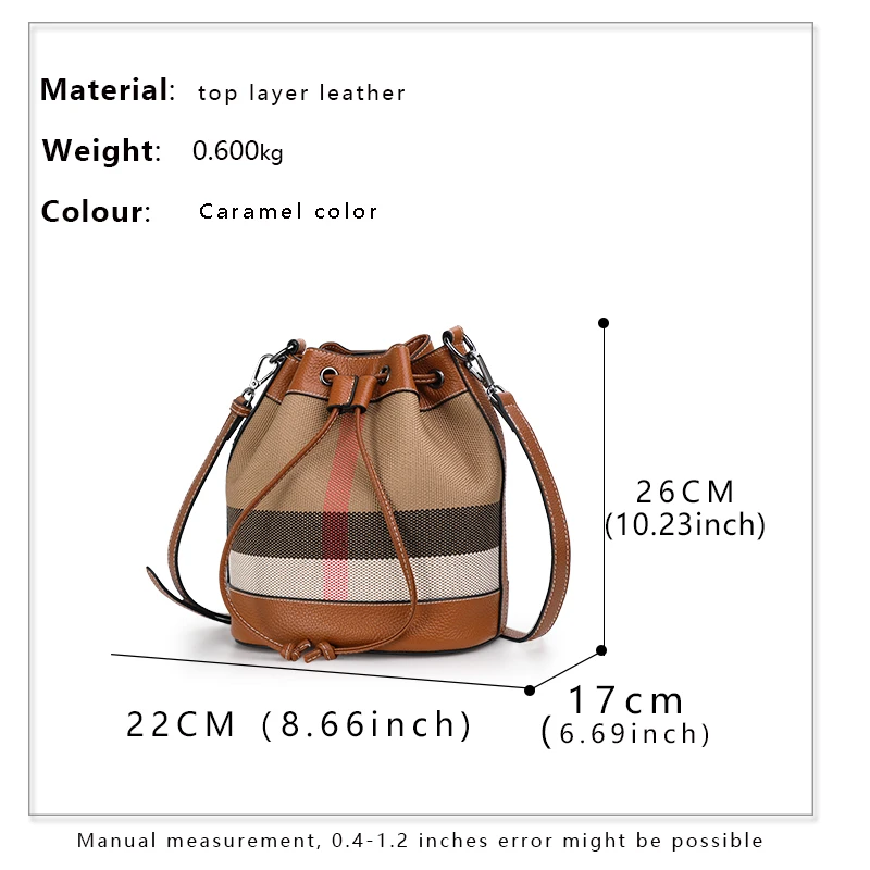 Aidrani Fashion Plaid Canvas with Cowhide Bucket Bag Classic Versatile One Shoulder Crossbody Bag