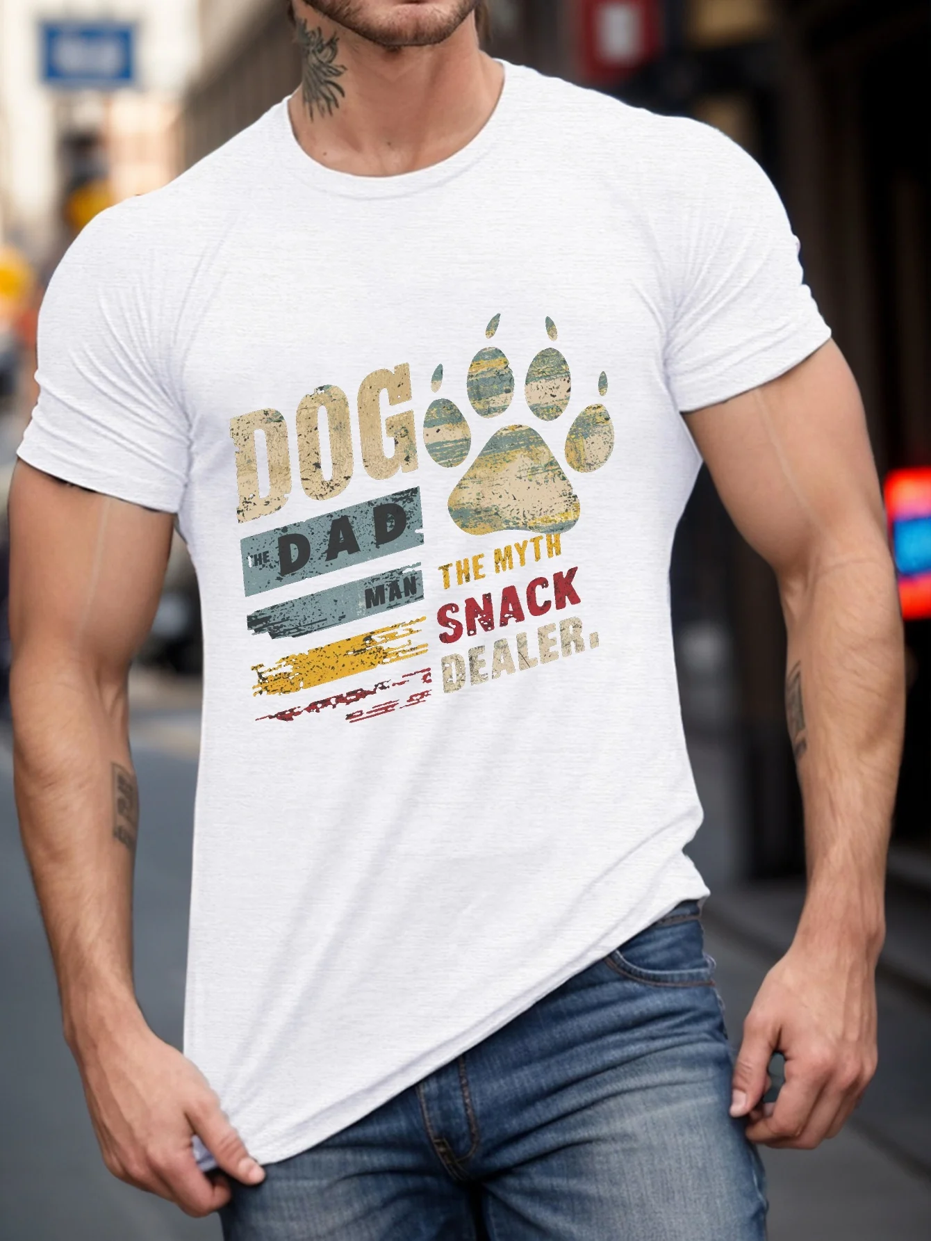 Dog Dad Paw Print T-Shirt for Men - Plus Size, Breathable Polyester, Casual Round Neck Tee with Geometric Design, Perfect for Su