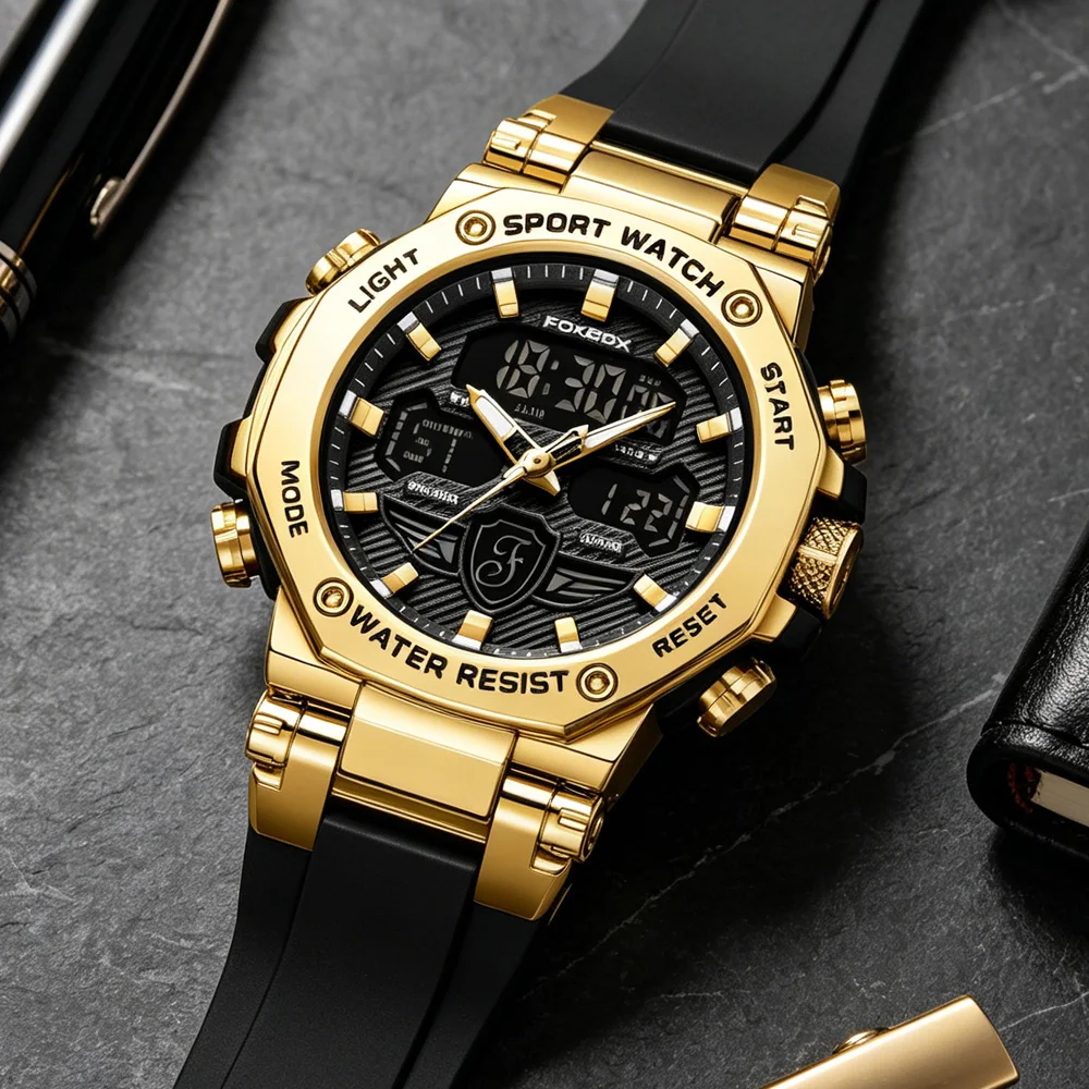 FOXBOX Military Watches for Men Luxury Sports Chronograph Alarm Wristwatch ​Waterproof Quartz Big Clock Digital Male Watch