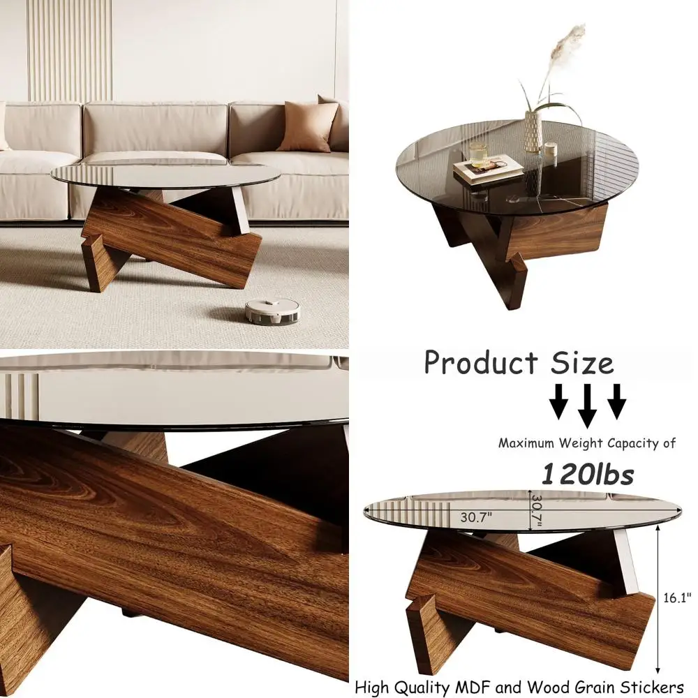 

Walnut Finish Modern Round Coffee Table, 30.7 Diameter x 16.1 High, Tempered Glass Top