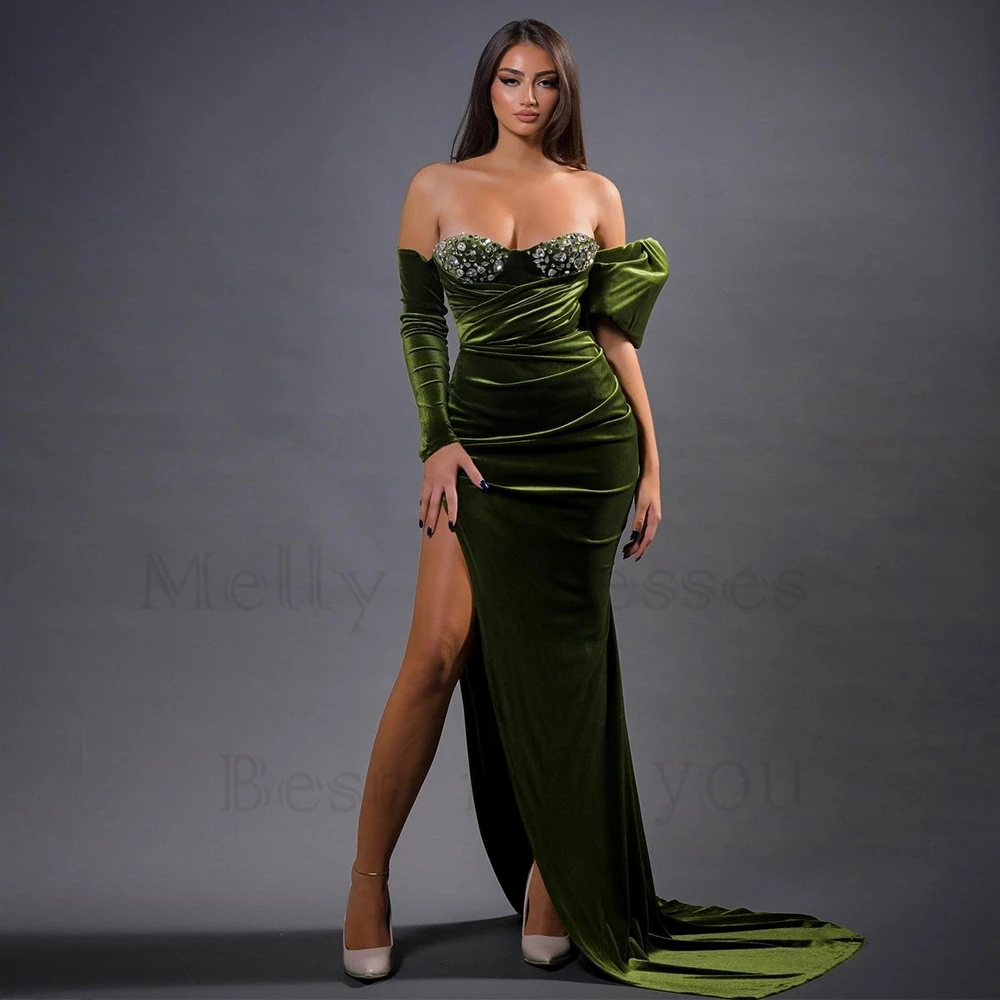 Full Sleeve Side Slit Evening Dresses for Women 2024 Off Shouder Strapless Prom Gowns with Crystal New Satin Robe De Soirée