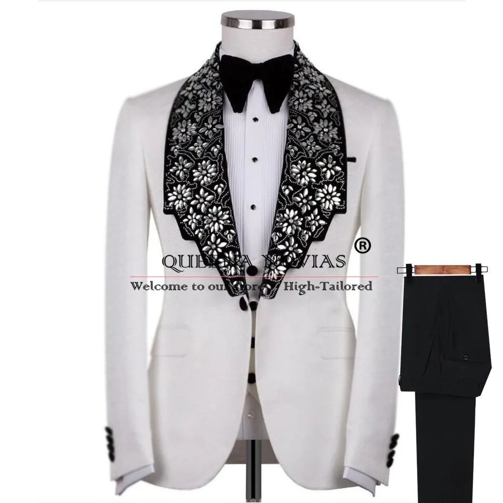 

Elegent Pearl Beaded Men Suits Shawl Lapel Groom Wedding Tuxedo 2 Pieces Customized Male Prom Blazer Slim Fit trajes para hombre