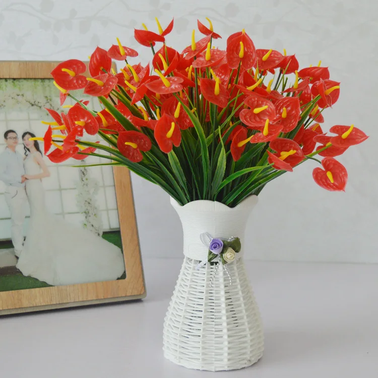 5pcs Artificial Flower Anthurium, Plastic Red Fake Bouquet Dining Table Indoor Tabletop Ornament