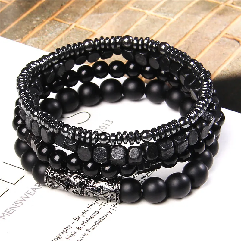 Männer Multilayer Stein Armband 4 Teile/satz Natürliche Schwarz Hämatit Vulkanischen Lava Stein Perle Elastische Armreif Vintage-Schmuck Geschenk – Detail 2