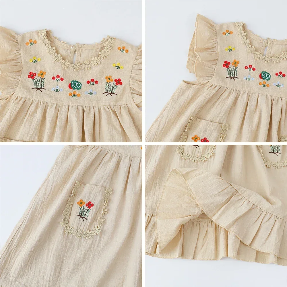 Baby Girls Summer Flower Embroidered Dress Summer Retro Flying Sleeve Dresses with Pockets Children Casual Clothes Fashion