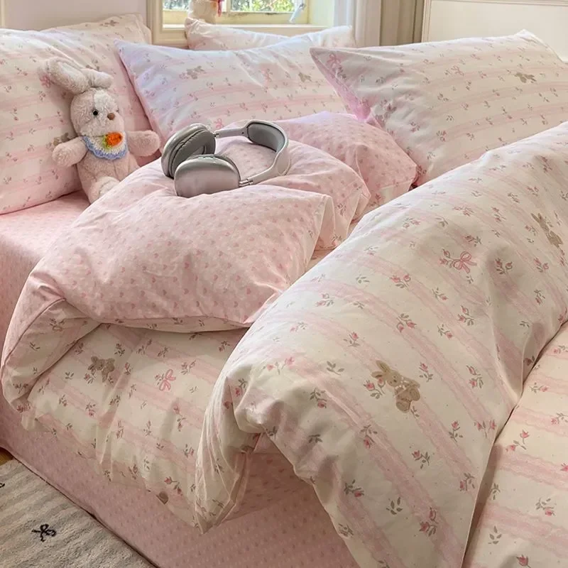 Cute Pink Bear Bedding Set Soft Kids Adult Single Double Queen Size Duvet Cover Flat Sheet Pillowcase Home Totel Bed Linens