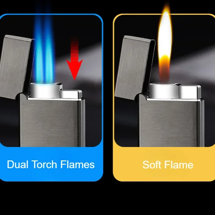 Hot Metal Windproof Double Flame Butane Gas Lighter Crisp Refillable Inflation Lighter Outdoor Kitchen Barbecue Cigar Men\'s Gift