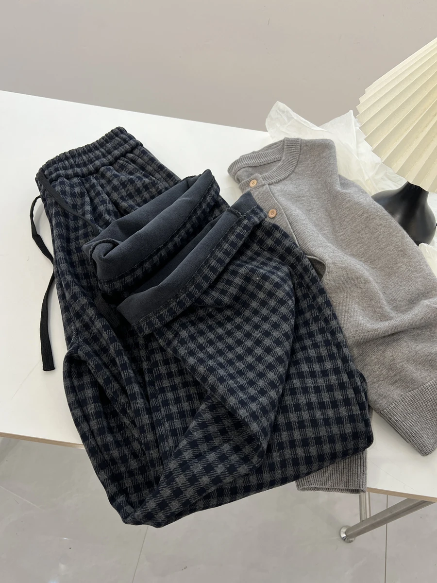 กางเกงขายาวทรงตรงเอวสูงไซส์ใหญ่บุซับใน ลายสก็อต ผ้าหนา อุ่นสบาย ใส่ลำลอง ใส่ทำงาน สำหรับผู้หญิง ฤดูหนาว