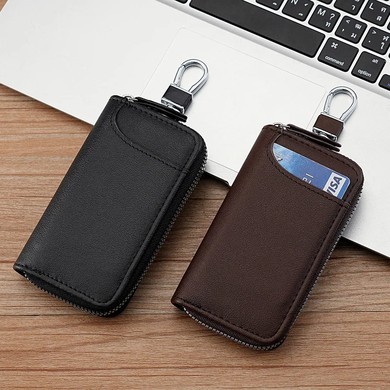 Simple retro zipper key bag Large capacity men's waist hanging leather women's card bag General Motors multi-function keychain