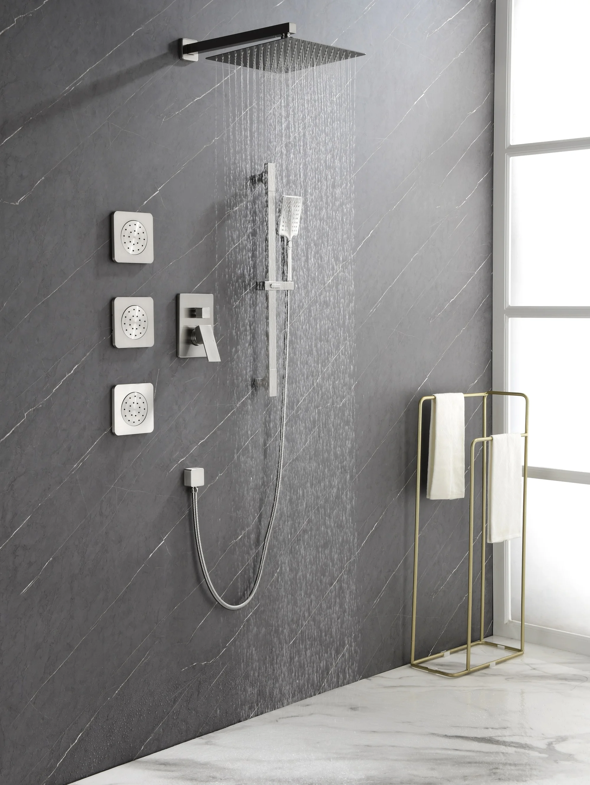 Shower System With Shower Head, Hand Shower, Slide Bar, Bodysprays, Shower Arm, Hose, Valve Trim Set Bathroom Furniture