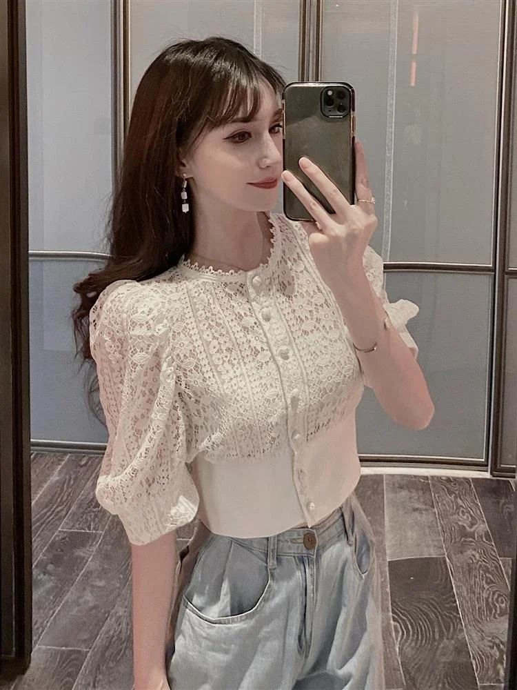 Sweet Crochet Top Blouse Women Sexy Hollow Out Shirt Vintage Puff Sleeve Korean  Shirts Fashion Chic Tops Blusas