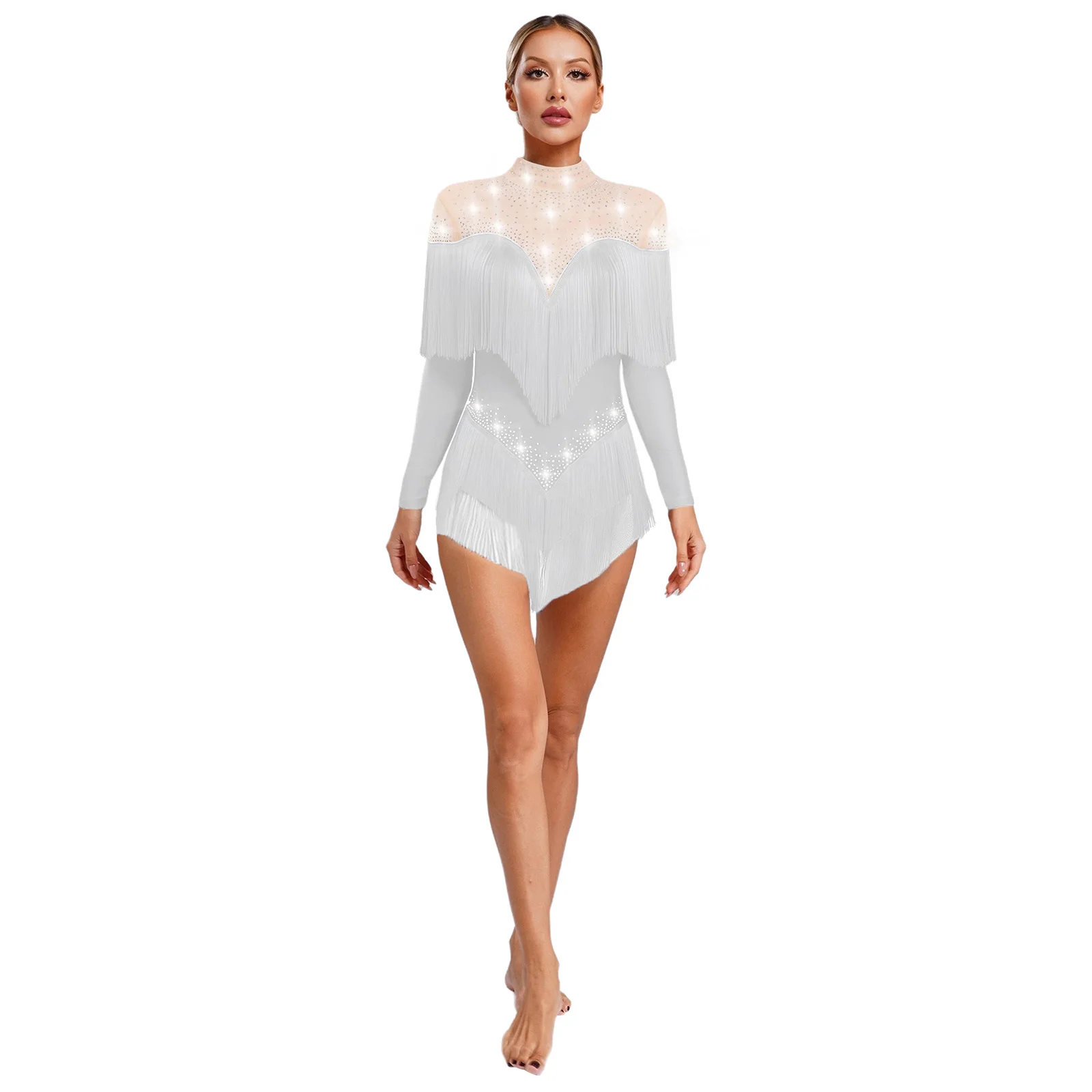 

‌Womens Fringed Latin Dance Leotard Nude Mesh Patchwork Sparkly Tassel Bodysuit for Tango Cha-Cha Rumba Dance Competitions