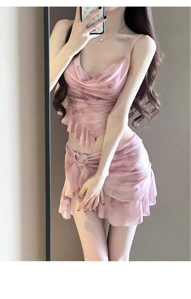 Sexy Badeanzug Frauen Bikini Set Mode Y2K Rosa Split Badeanzug Drei Stück Frauen Bademode Bade Chic Urlaub Beachwear