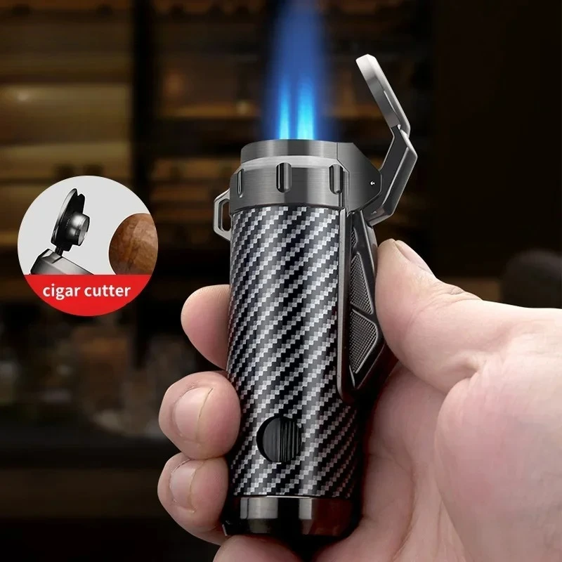 

Newest Zinc Alloy Windproof Three Jet Flame Butane Gas Lighter Visible Gas Window Hidden Cigar Knife Cigar Lighters Smoking Gift