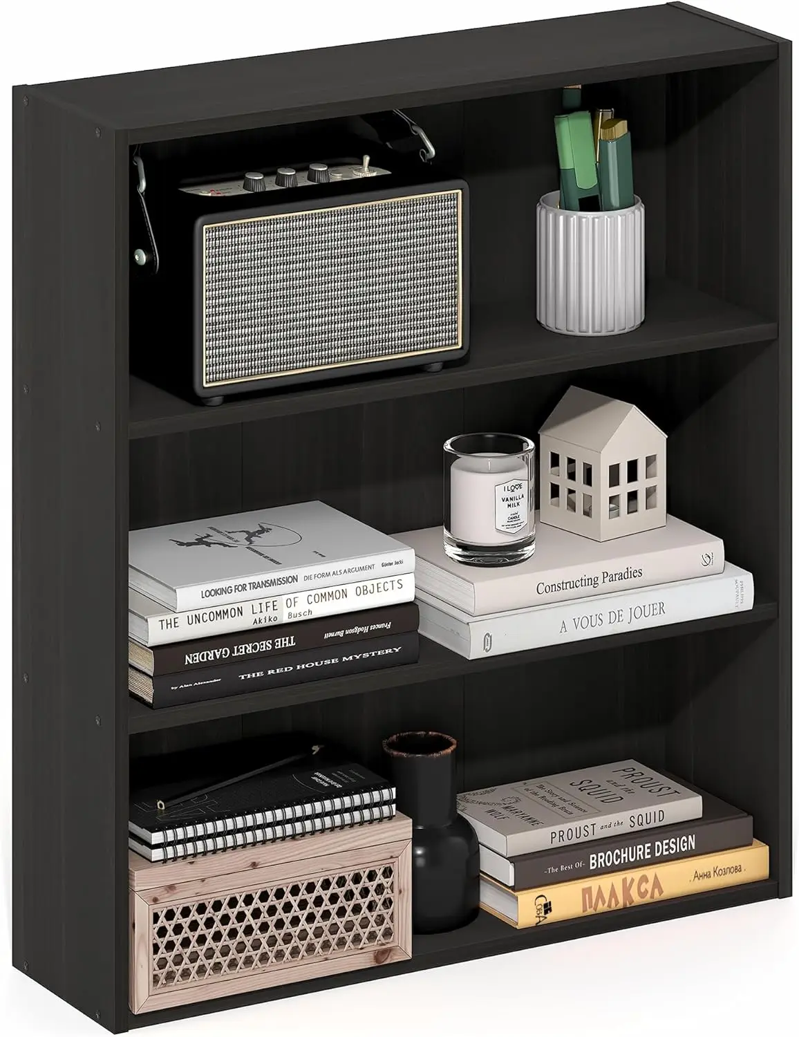 

Трехуровневая книжная полка-органайзер с открытыми полками, 7x24x26 дюймов, для гостиной, спальни, домашнего офиса, в цвете эспрессо