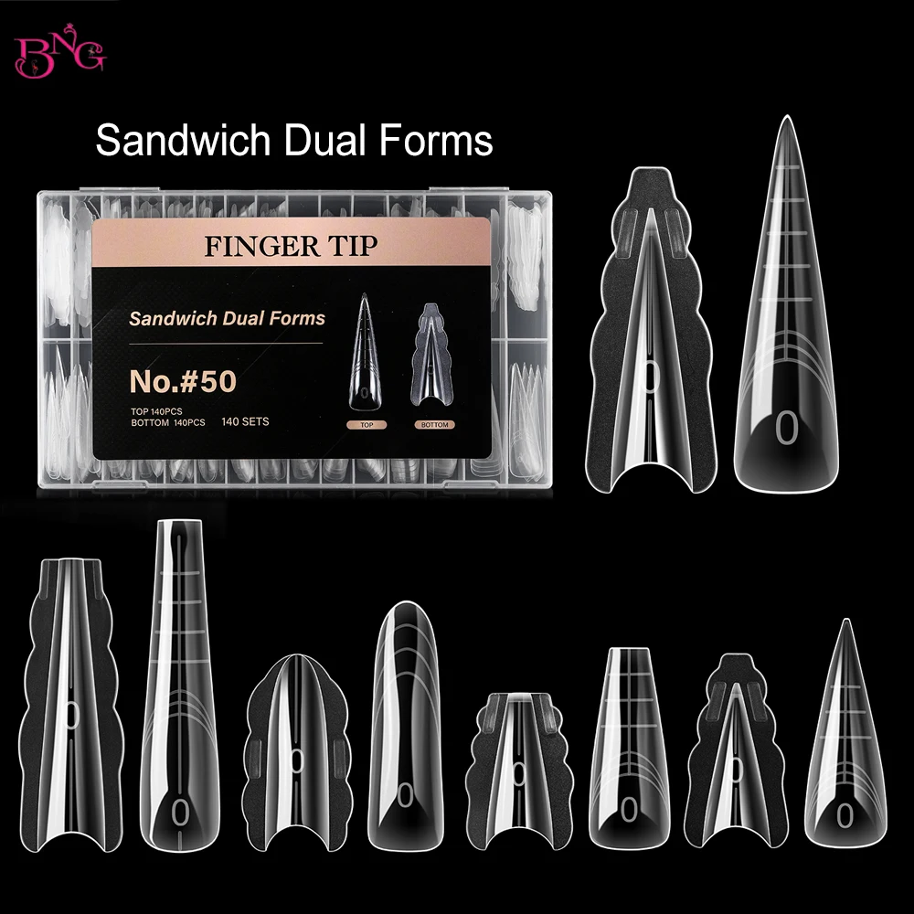 

BNG 140/280Pcs Sandwich Nail Dual Forms 14 Sizes Nail Tips for Builder Gel Reusable Nail Extension Molds for Beginner Salon
