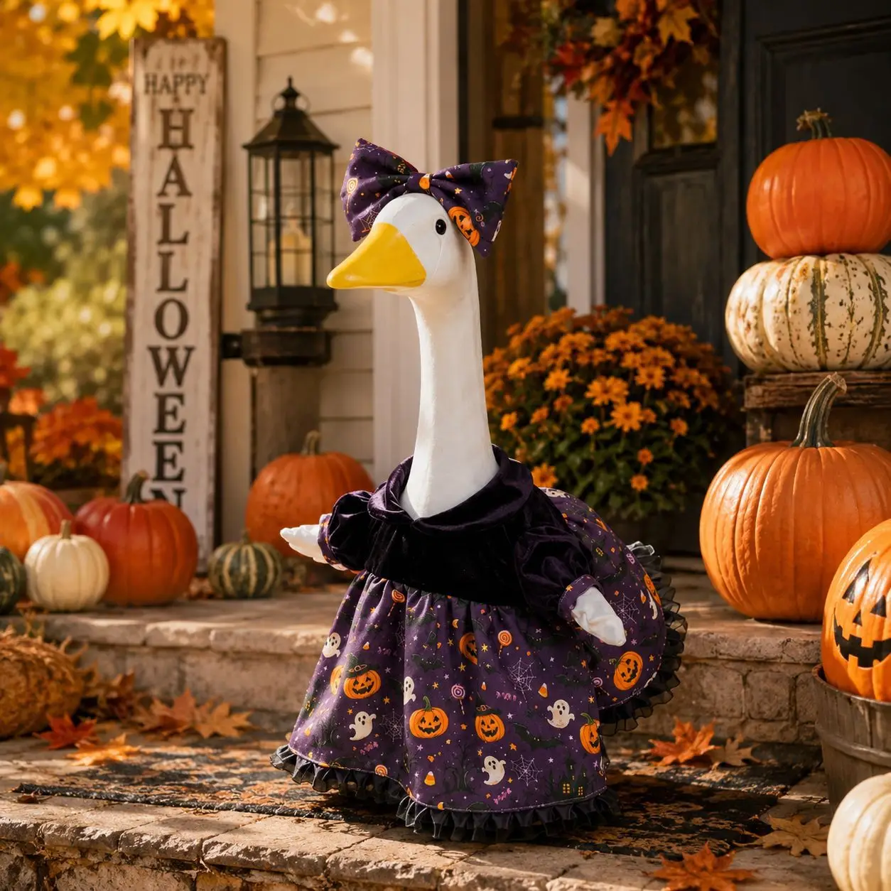 Halloween Porch Goose Costume Velvet Pumpkin Ghost Printed Dress With Matching Bow Yard Ornament