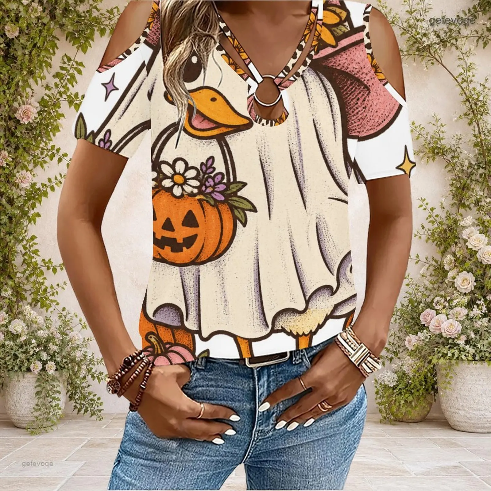 Women Cold Shoulder Short Sleeve T Shirt V Neck O Ring Keyhole Cutout Loose Casual Top Custom Print Ladies Daily Blouse