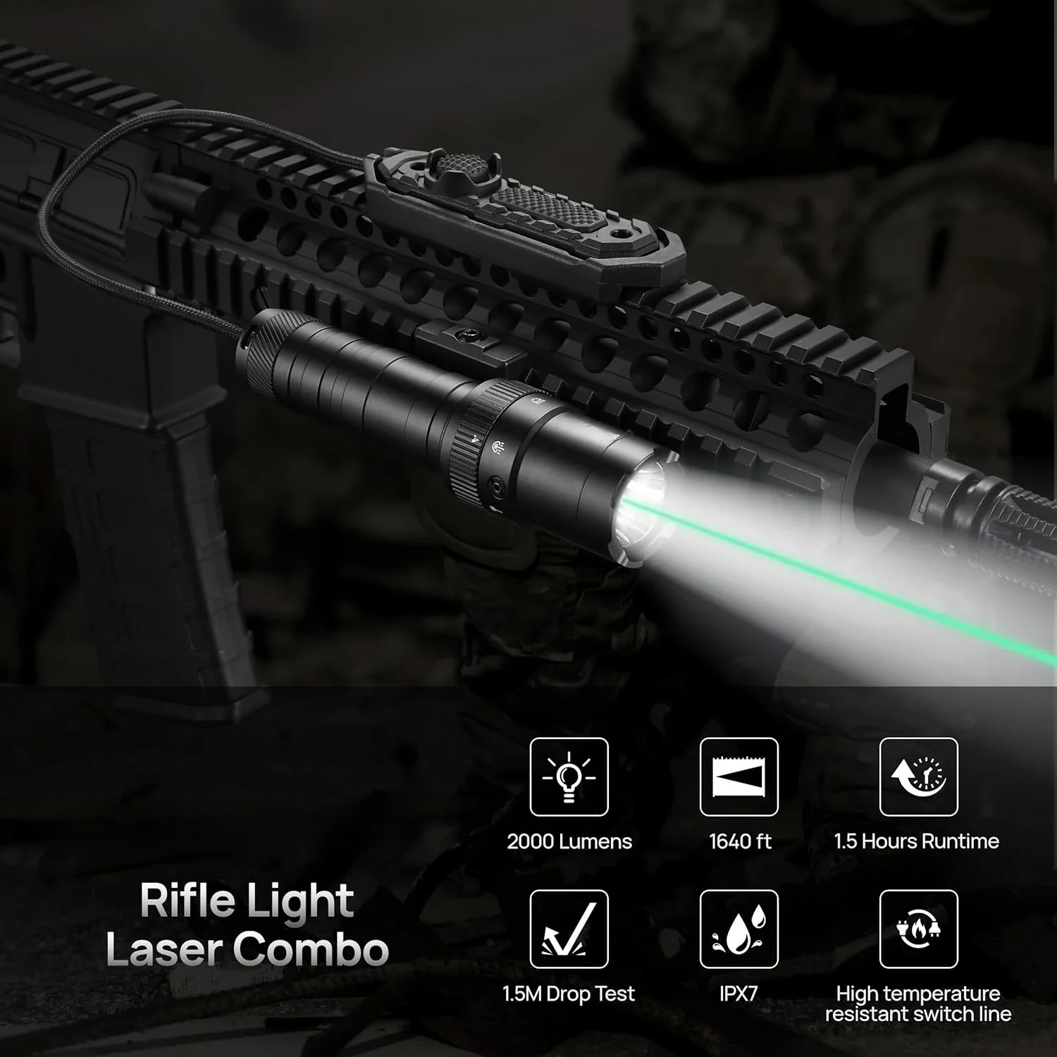RichFire 2 in 1 Tactical Flashlight Green & White Light 2000LM with Remote Control Switch Powered by 18650 Battery Outdoor Campi