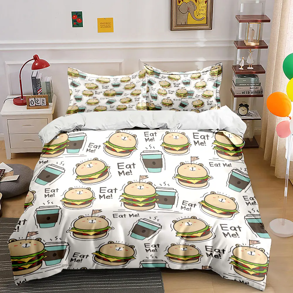 Cute Bear Burgers Coffee Pattern Bedding Set for Kids Luxury Gift 3pcs Digital Print Comforter Set Soft Comfortable Breathable