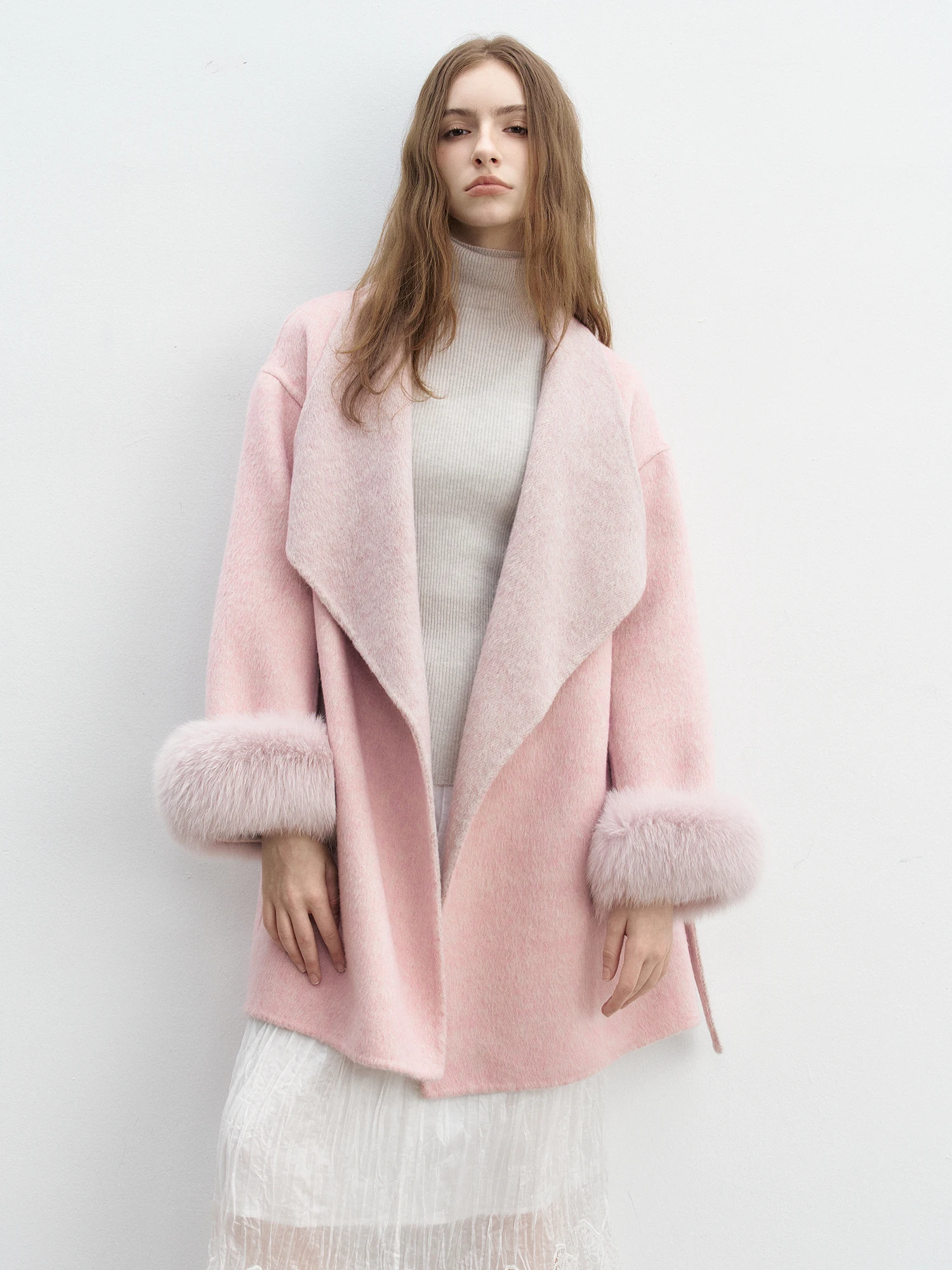 

Double-Sided Woolen Coat with Fur Sves Medium-Length Korean Sle Women's Outerwear ManMona Commute Faion Wool Blend