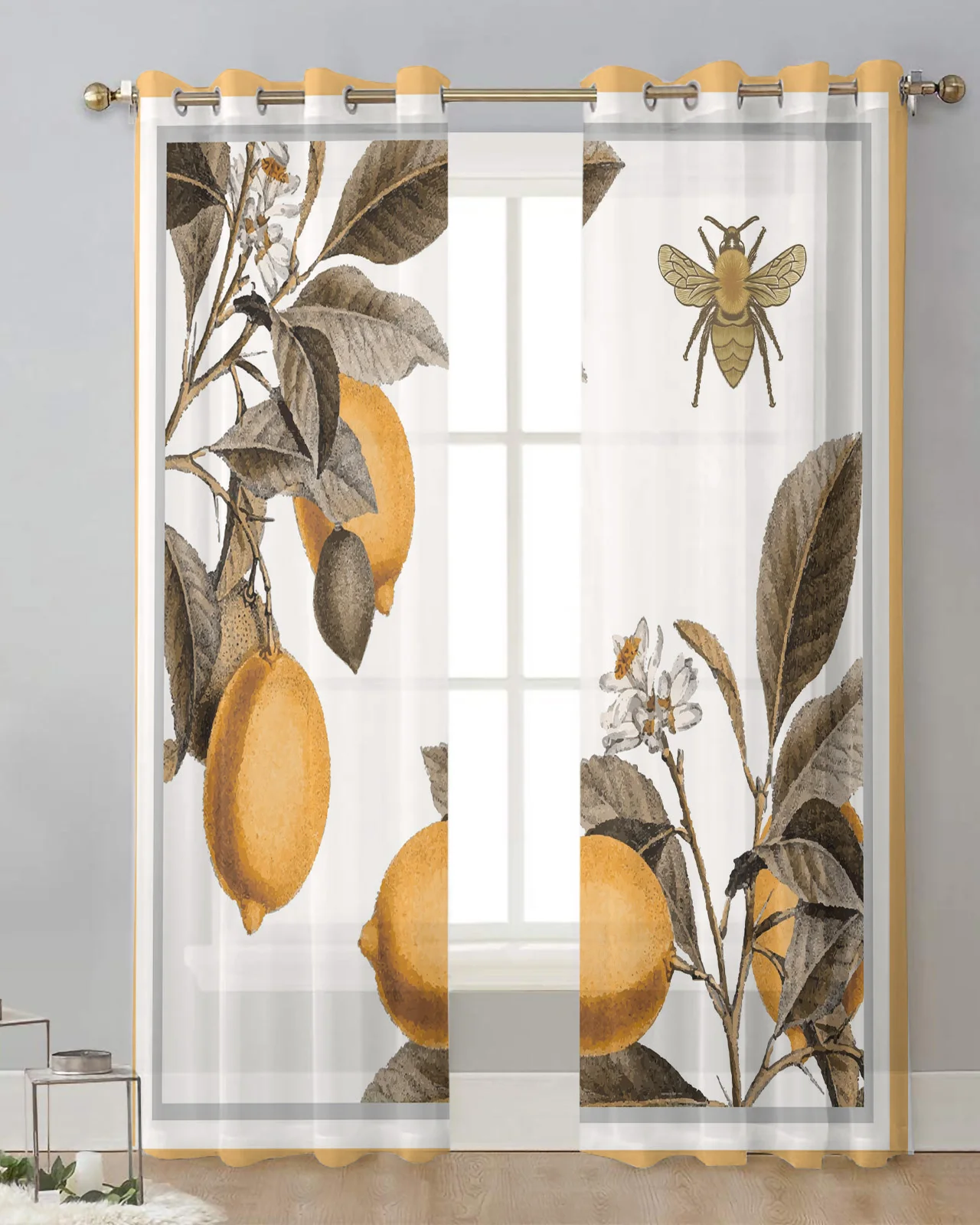 Lemon Bee Retro Sheer Window Curtains Bedroom Living Room Tulle Curtains Voile Drapes for Kitchen