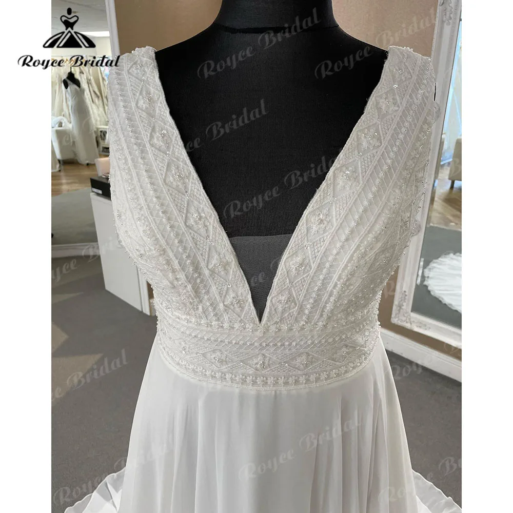 Robe Chic V Neck Boho Beach Lace Chiffon A Line Wedding Dress for Bridal 2024 Sleeveless Wedding Gown abiti sposa Roycebridal