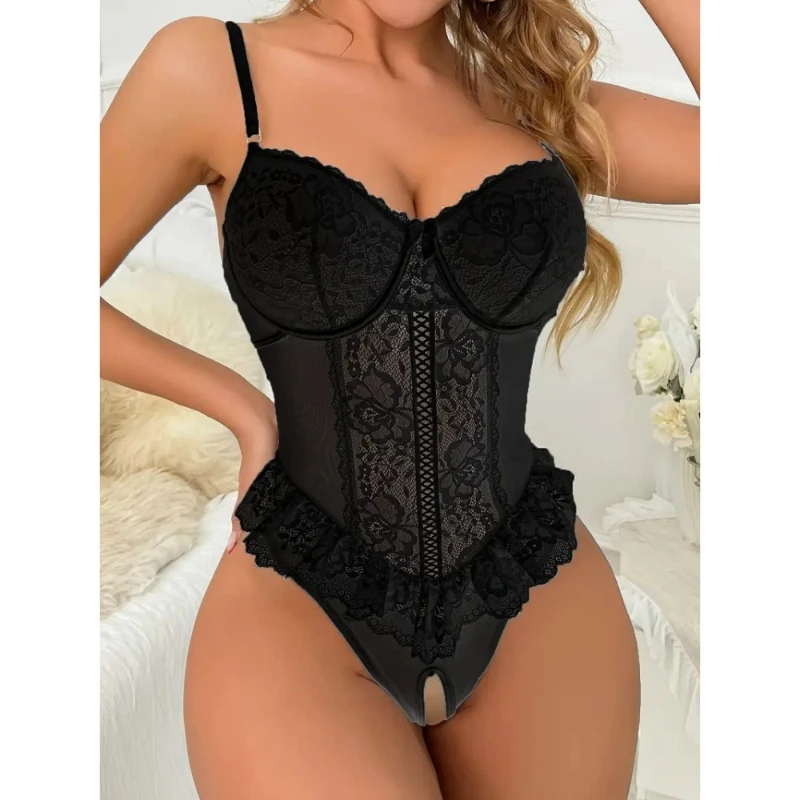 

Sexy Floral Lace Teddy Lingerie See Through Deep V Backless Crotchless Bodysuit Women Erotic Hot Transparent Nightwear