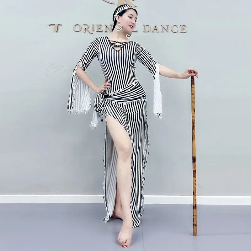 Belly Dance Bronzing Sequins Robe Baladi Folk Saidi Cane Dance 3pcs Costume Oriental Dance Dancing Clothes