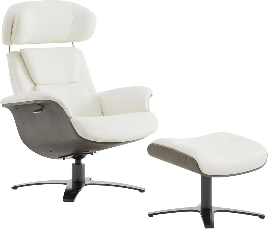 Silla giratoria reclinable de piel auténtica, con reposacabezas ajustable y otomana para sala de estar, color blanco, 100%
