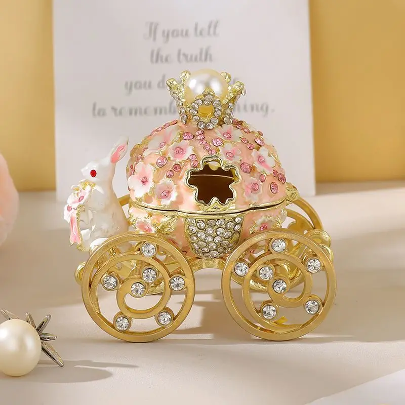 Rabbit Carriage Cloisonné Enamel Jewelry Box Handmade Vintage Rings Storage Boxes Home Decor Ornaments Festival Birthday Gifts
