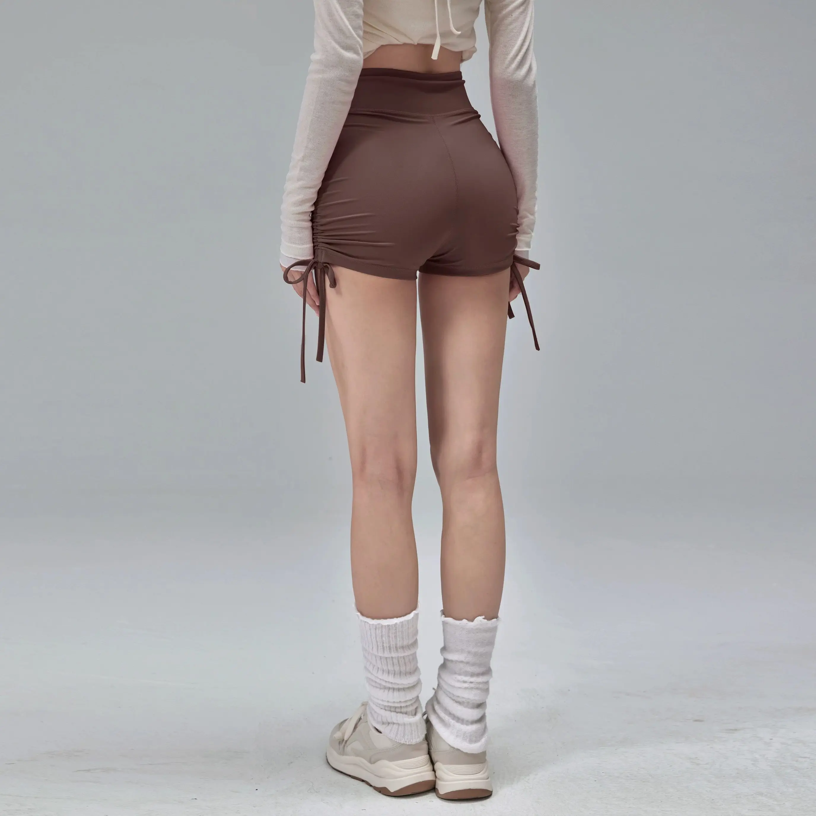 High waisted sports shorts, summer fitness shorts, drawstring straps, quick drying running and dancing three quarter pants, wome