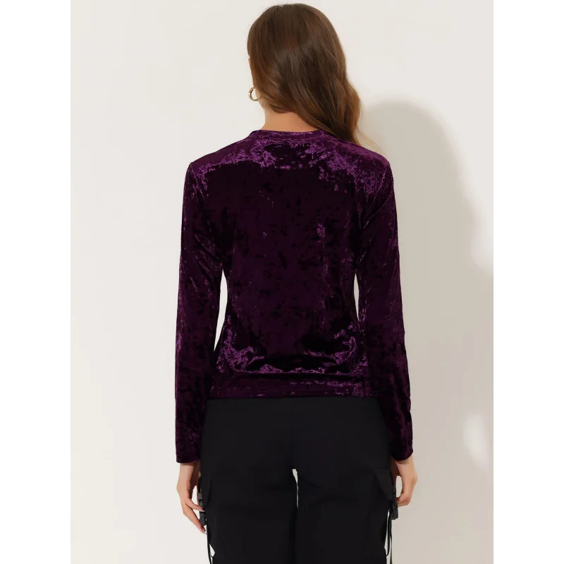 

Casual Velvet Top Women'S Soft Vintage Crew Neck Long Sleeve-Shirt