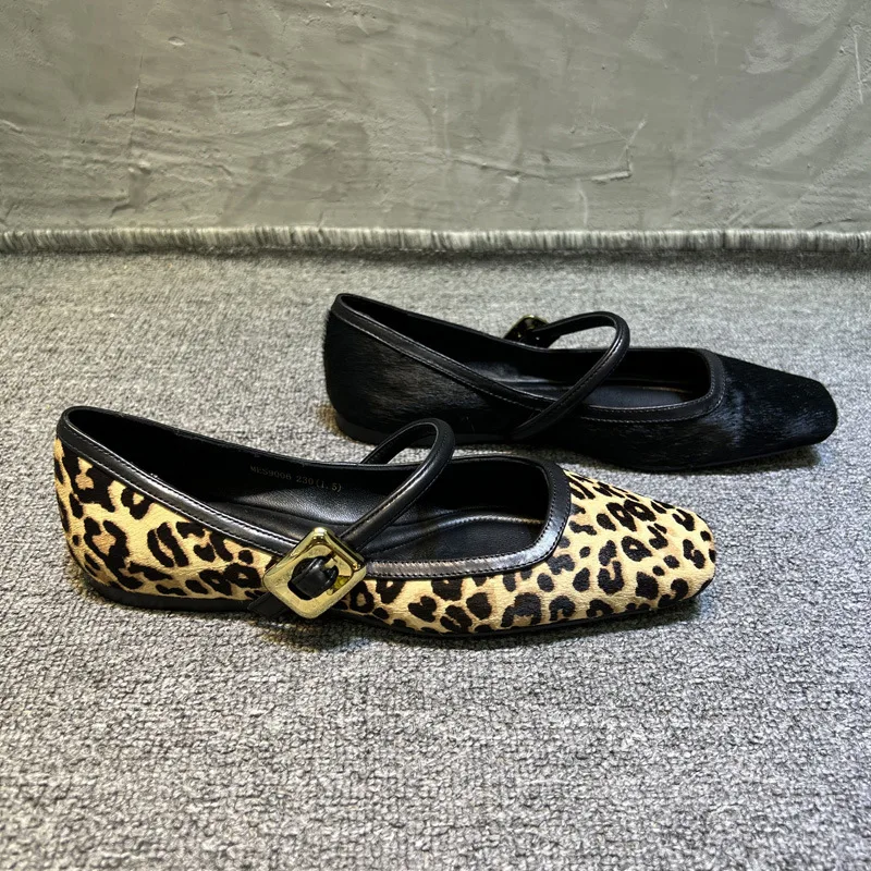 

Trendy Women's Single Shoes 2024 New Leopard Print Soft Leather One-piece Low Heel Mary Jane Daily Women's Shoes Zapatos Mujer