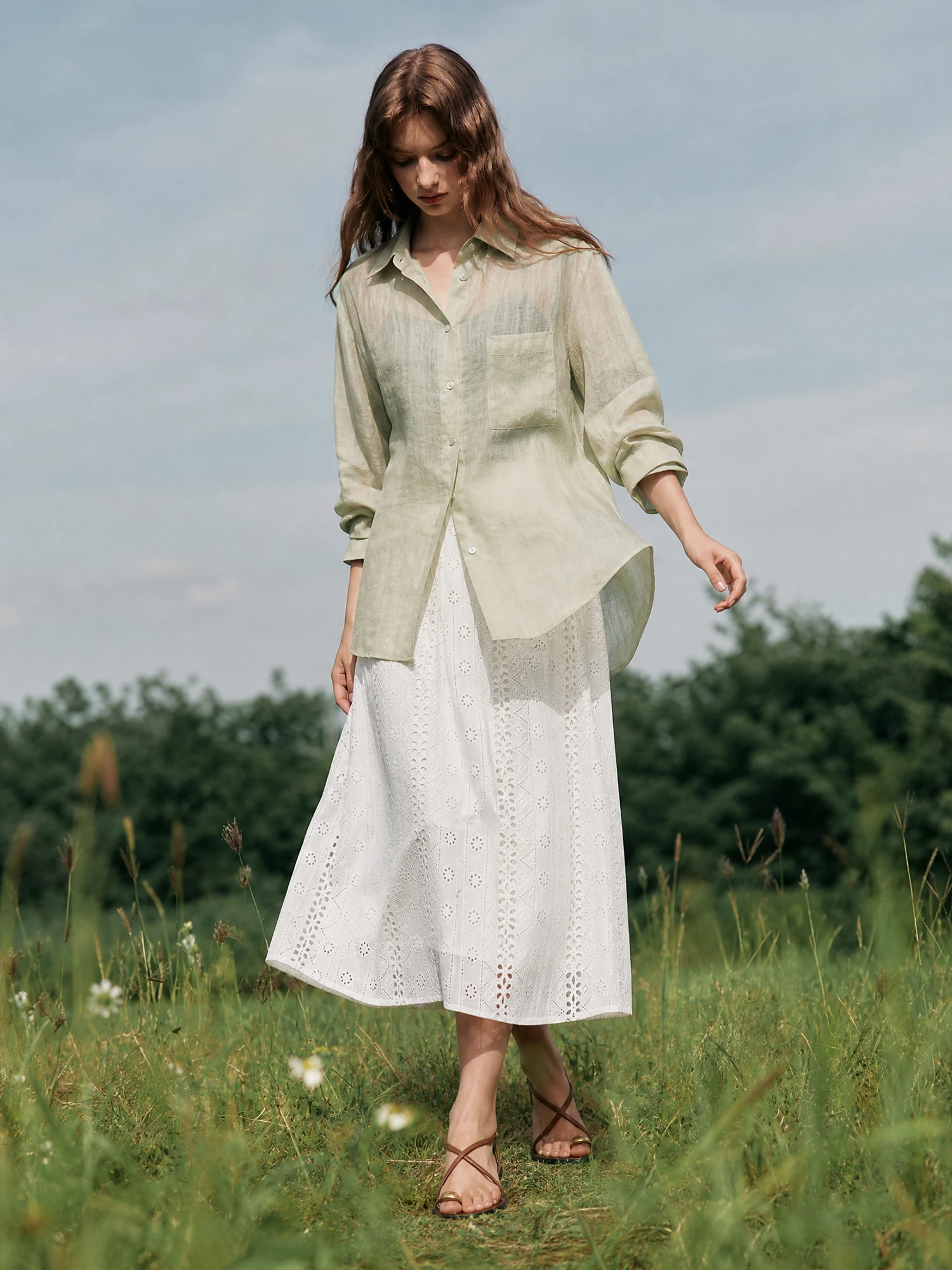 Summer Dream Madeira Carved Hole Embroidered Hollow out Comfortable A-Line  Skirt Elastic Waist Cotton Blend Women's Skirt