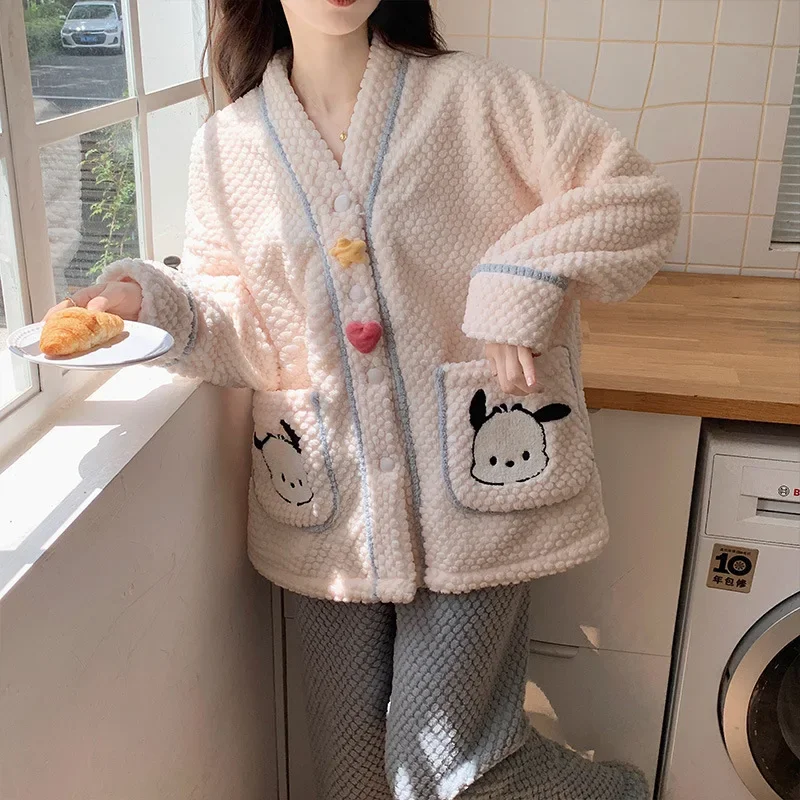 SanrioKuromi Pacha Dog Autumn and Winter V-Neck LongCoral Fleece Women's Pajamas Sweet ComfortableWarm Homewear Set Long Sleeves