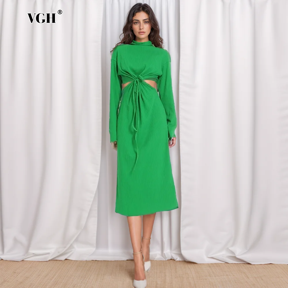

VGH Knitting Slim Dresses For Women Turtleneck Long Sleeve High Waist Tunic Patchwork Lace Up Elegant Dress Female 2024