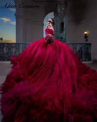 Exquisite Wine Red Beads Princess Quinceanera Dresses Pearls Ruffles Tiered Sweet 16 Dress Ball Gown Vestidos De 15 Años