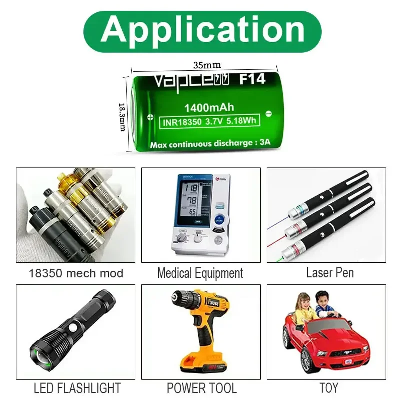 Original Vapcell F14 INR 18350 Battery 1400mAh 3A 3.7V Rechargeable Li-on Cell Battery for Flashlight Toys UAV Lithium Batteries